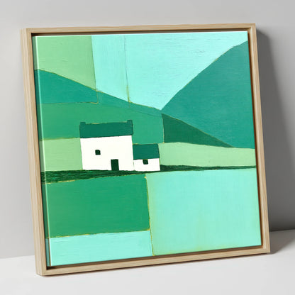 Geometric Grasmere Cottage and Fells lake district lake canvas wall art in natural frame
