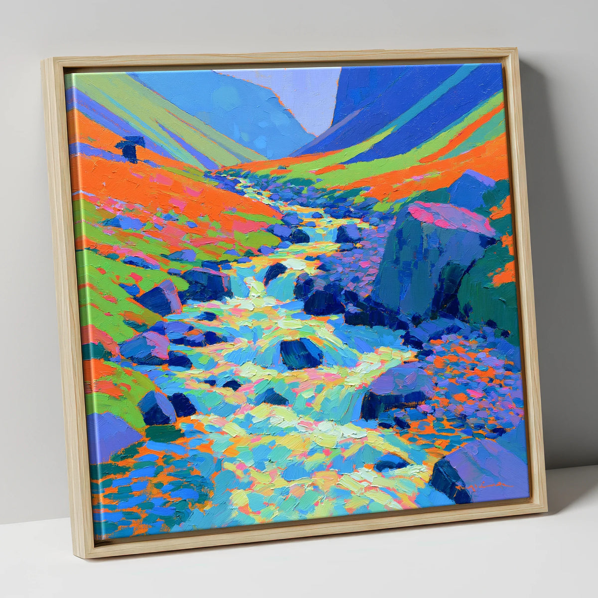Vivid Flowing Fellside Beck lake district waterfall canvas wall art in natural frame