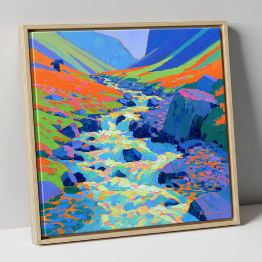 Vivid Flowing Fellside Beck lake district waterfall canvas wall art in natural frame