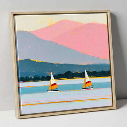 Windermere Sailboats and Pink Fells lake district lake canvas wall art in natural frame