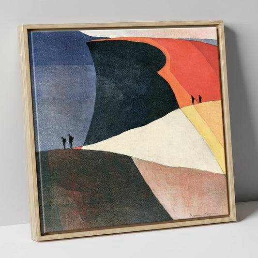 Abstract Hikers on the Fell lake district fell canvas wall art in natural frame