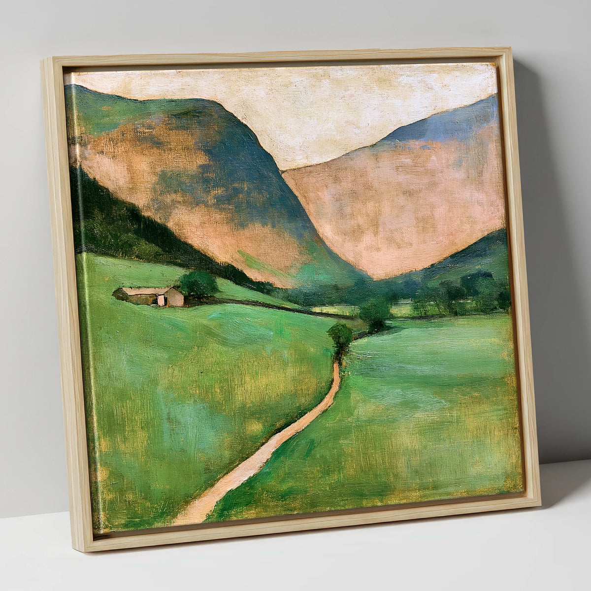 Green Valley Beneath Warm Fells lake district valley canvas wall art in natural frame