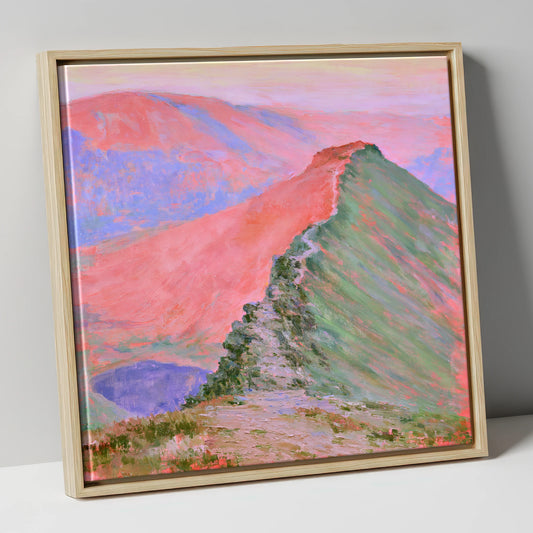Striding Edge in Sunset Pink lake district walking canvas wall art in natural frame