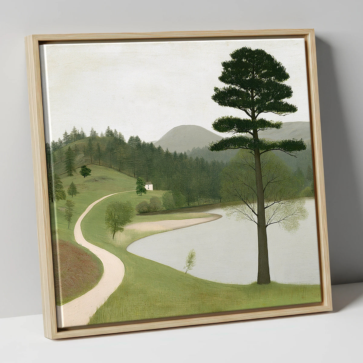 Tall Pine at Tarn Hows lake district lake canvas wall art in natural frame
