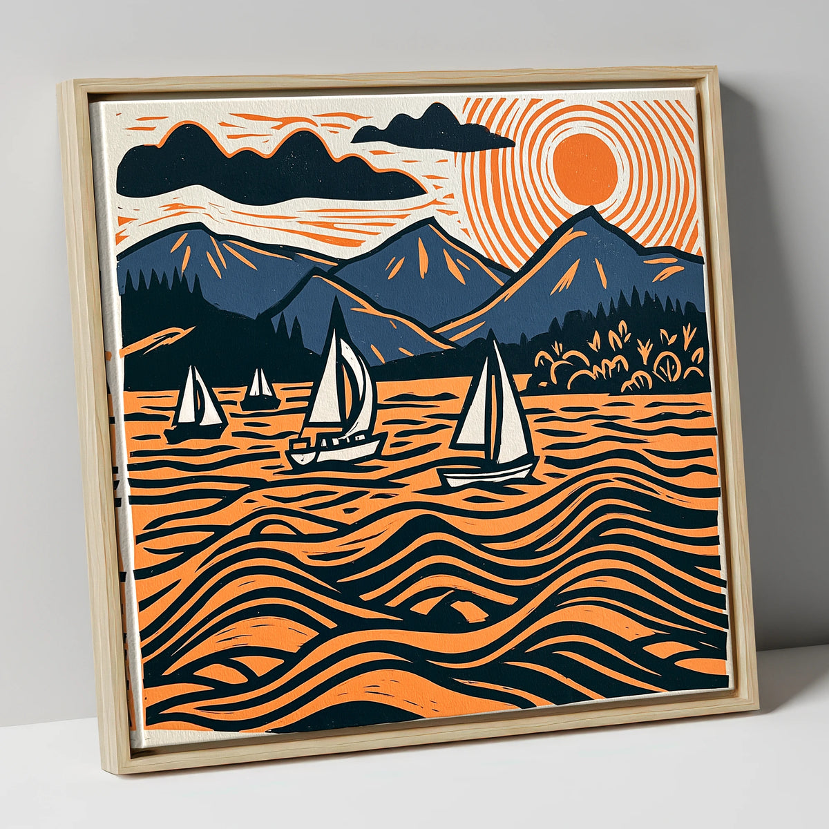 Derwentwater Sailboats Under Radiating Sun lake district lake canvas wall art in natural frame