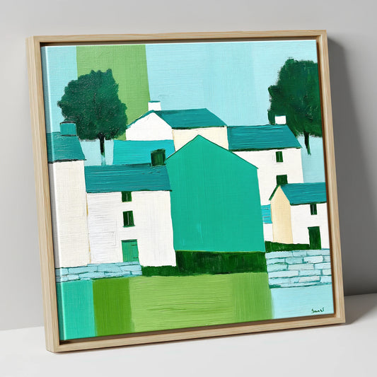 Teal And Green Hawkshead Village lake district village canvas wall art in natural frame