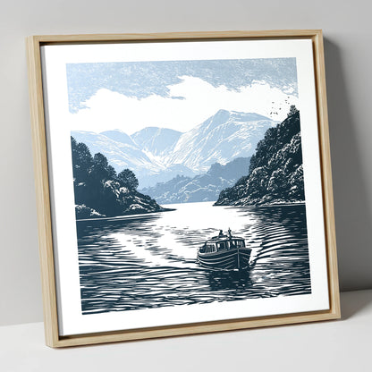 Coniston Water Launch in Navy lake district lake canvas wall art in natural frame