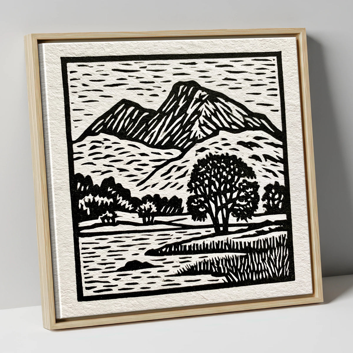 Monochrome Fells Over Grasmere lake district lake canvas wall art in natural frame
