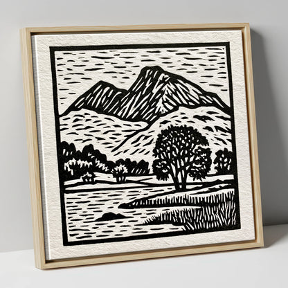 Monochrome Fells Over Grasmere lake district lake canvas wall art in natural frame