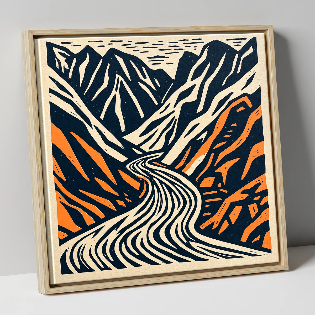 Honister Pass Navy and Terracotta lake district valley canvas wall art in natural frame