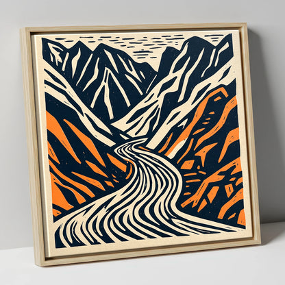 Honister Pass Navy and Terracotta lake district valley canvas wall art in natural frame