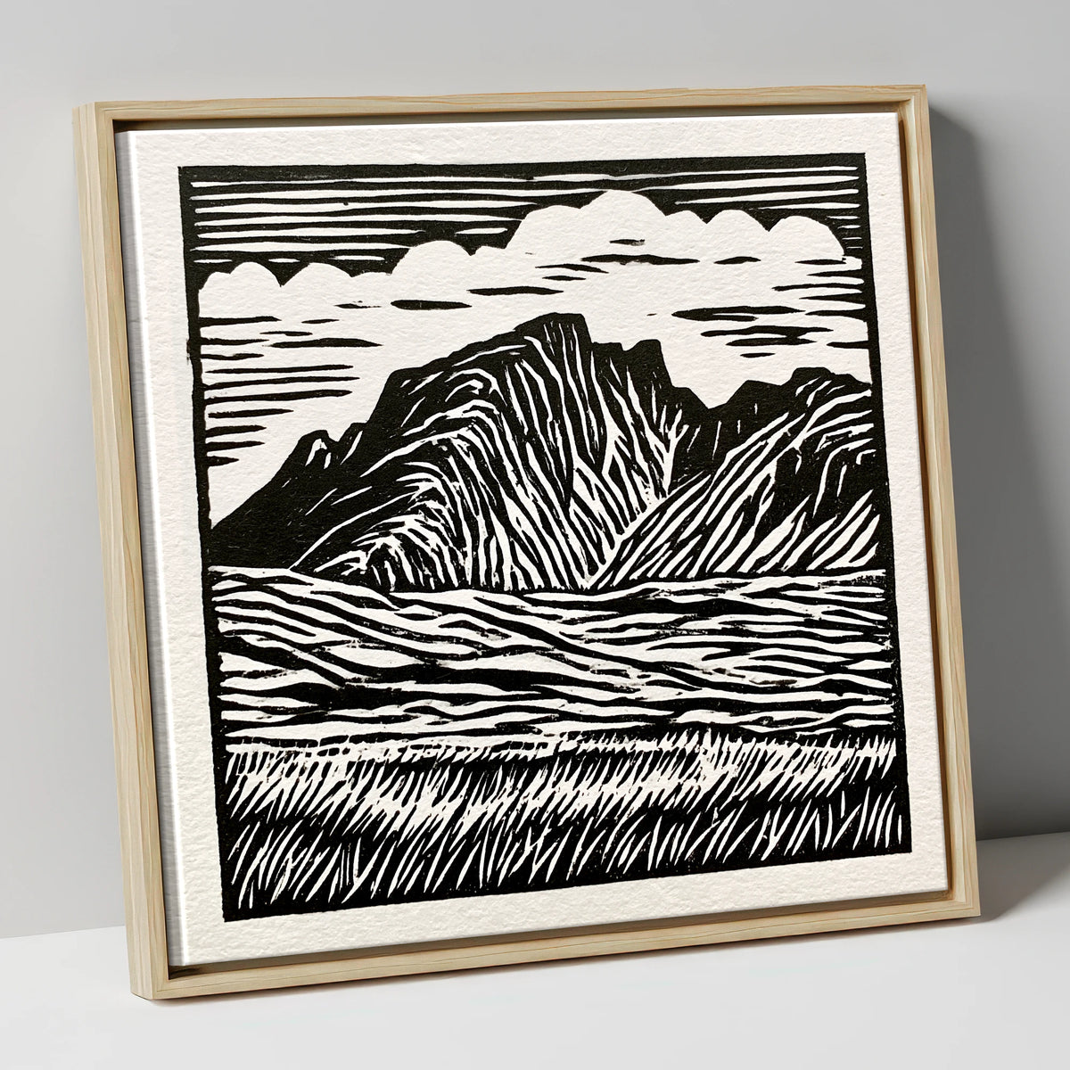 Scafell Pike in Bold Monochrome lake district fell canvas wall art in natural frame
