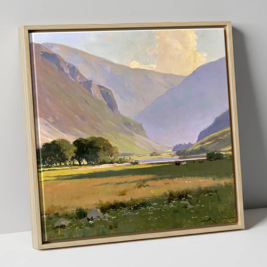 Sunlit Valley Between the Fells lake district valley canvas wall art in natural frame
