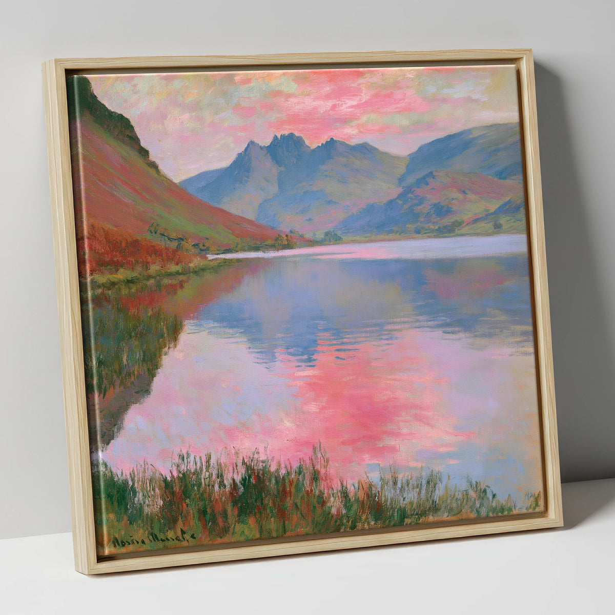 Pink Sunset Reflections on Loweswater lake district lake canvas wall art in natural frame