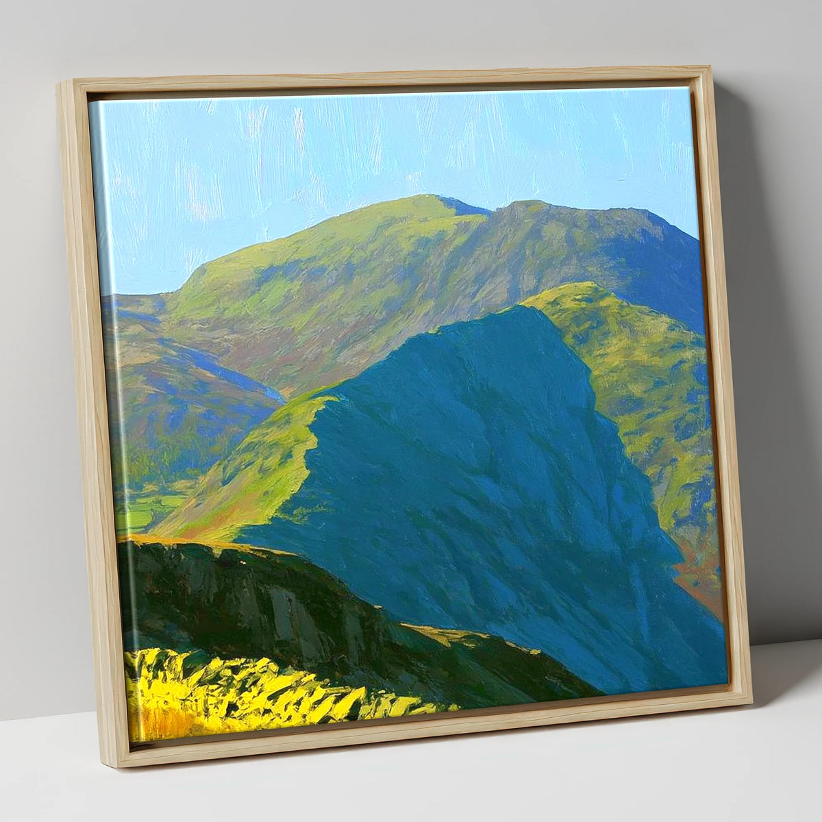 Sunlit Crags of Wetherlam Ridge lake district fell canvas wall art in natural frame