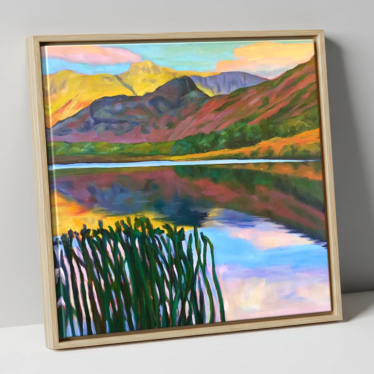 Vibrant Sunset Over Elterwater lake district lake canvas wall art in natural frame