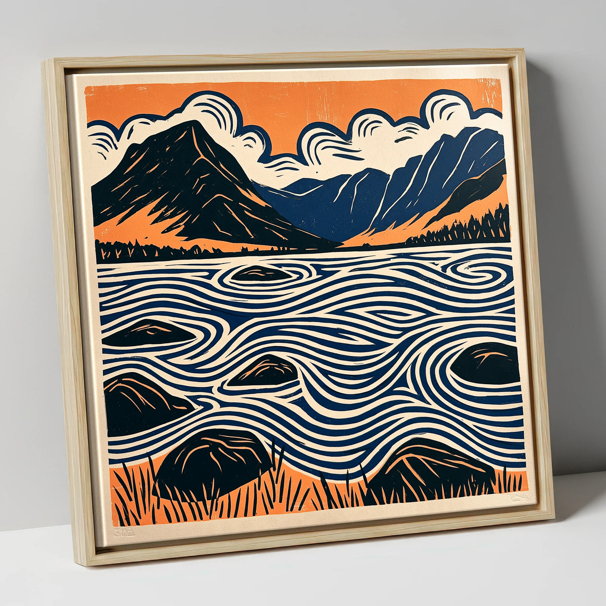 Crummock Water with Swirling Waves lake district lake canvas wall art in natural frame