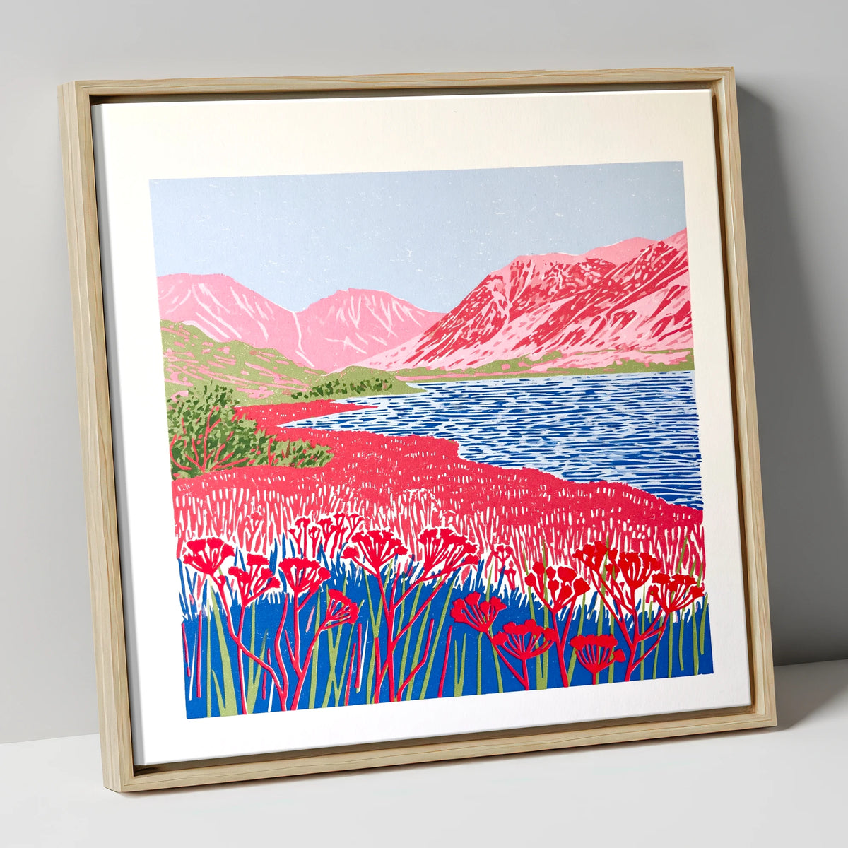 Vibrant Pink Fells at Ennerdale lake district valley canvas wall art in natural frame