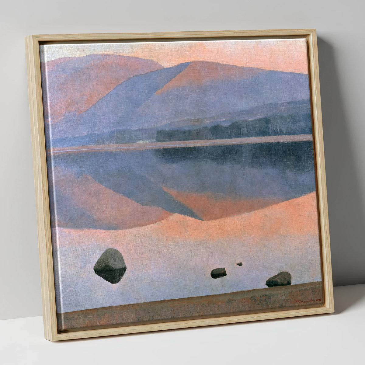 Dusk Fells Reflected on Calm Water lake district lake canvas wall art in natural frame
