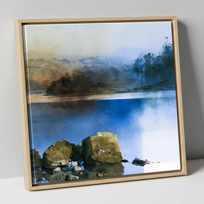 Mossy Boulders of Rydal Water lake district lake canvas wall art in natural frame