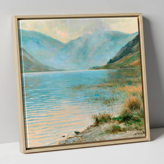 Lake Below Hazy Blue Fells lake district lake canvas wall art in natural frame