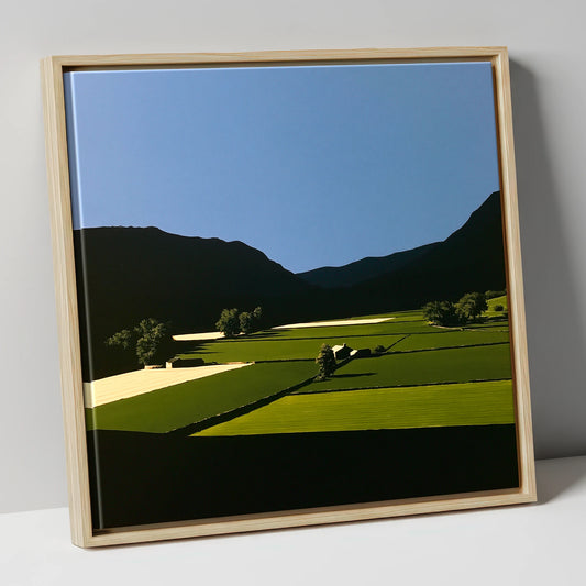 Sunlit Patchwork Fields in a Dale lake district valley canvas wall art in natural frame