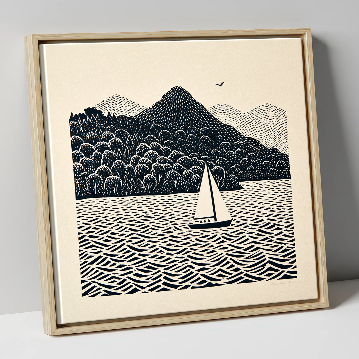 Monochrome Windermere Sailboat lake district lake canvas wall art in natural frame