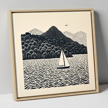 Monochrome Windermere Sailboat lake district lake canvas wall art in natural frame