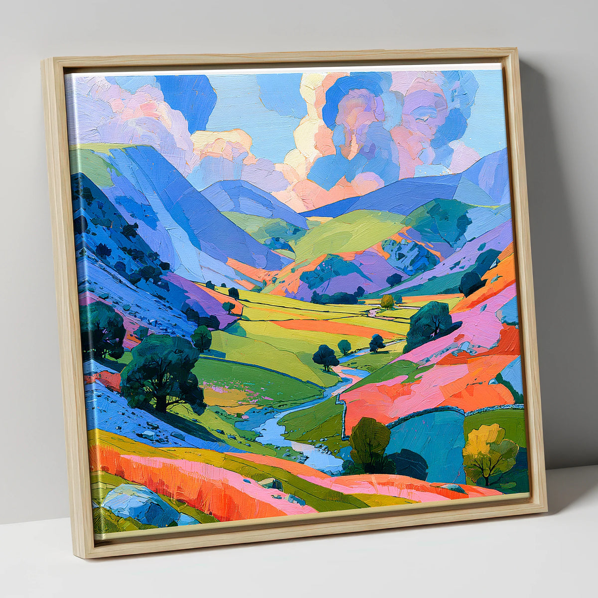 Lavender Fells and Valley Beck lake district valley canvas wall art in natural frame
