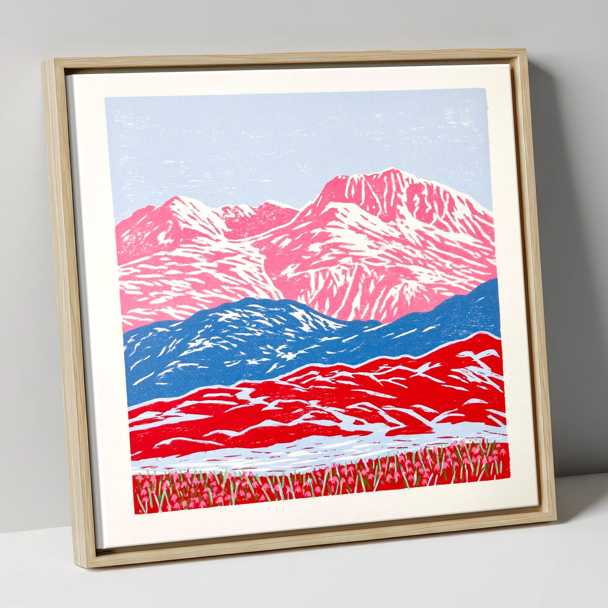 Bowfell in Bold Pink and Blue lake district fell canvas wall art in natural frame