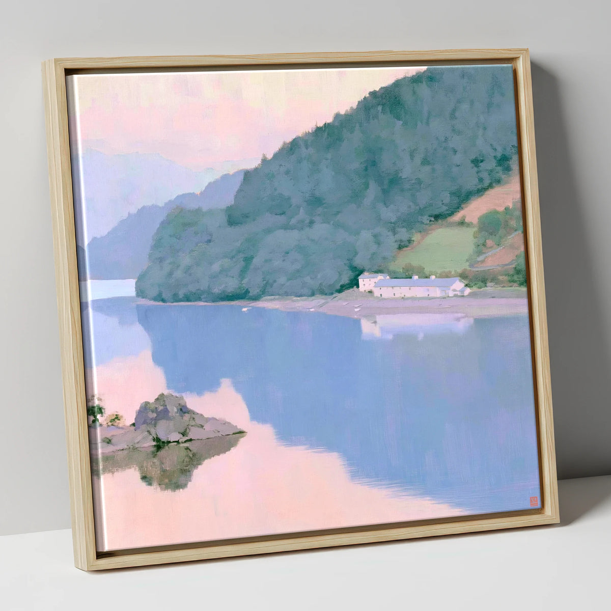 Pink Dawn on Coniston Water lake district lake canvas wall art in natural frame