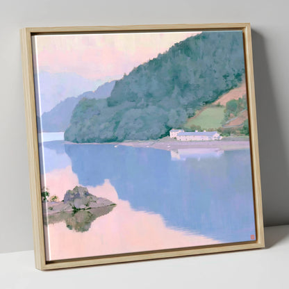 Pink Dawn on Coniston Water lake district lake canvas wall art in natural frame