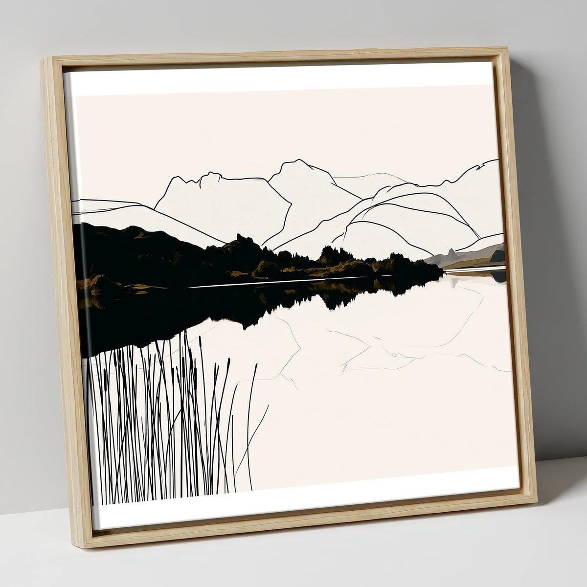 Elterwater Reeds in Black and Cream lake district lake canvas wall art in natural frame