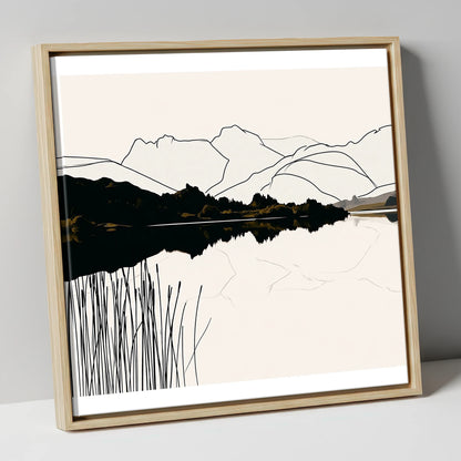 Elterwater Reeds in Black and Cream lake district lake canvas wall art in natural frame