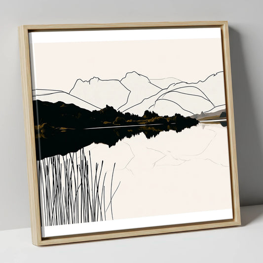 Elterwater Reeds in Black and Cream lake district lake canvas wall art in natural frame