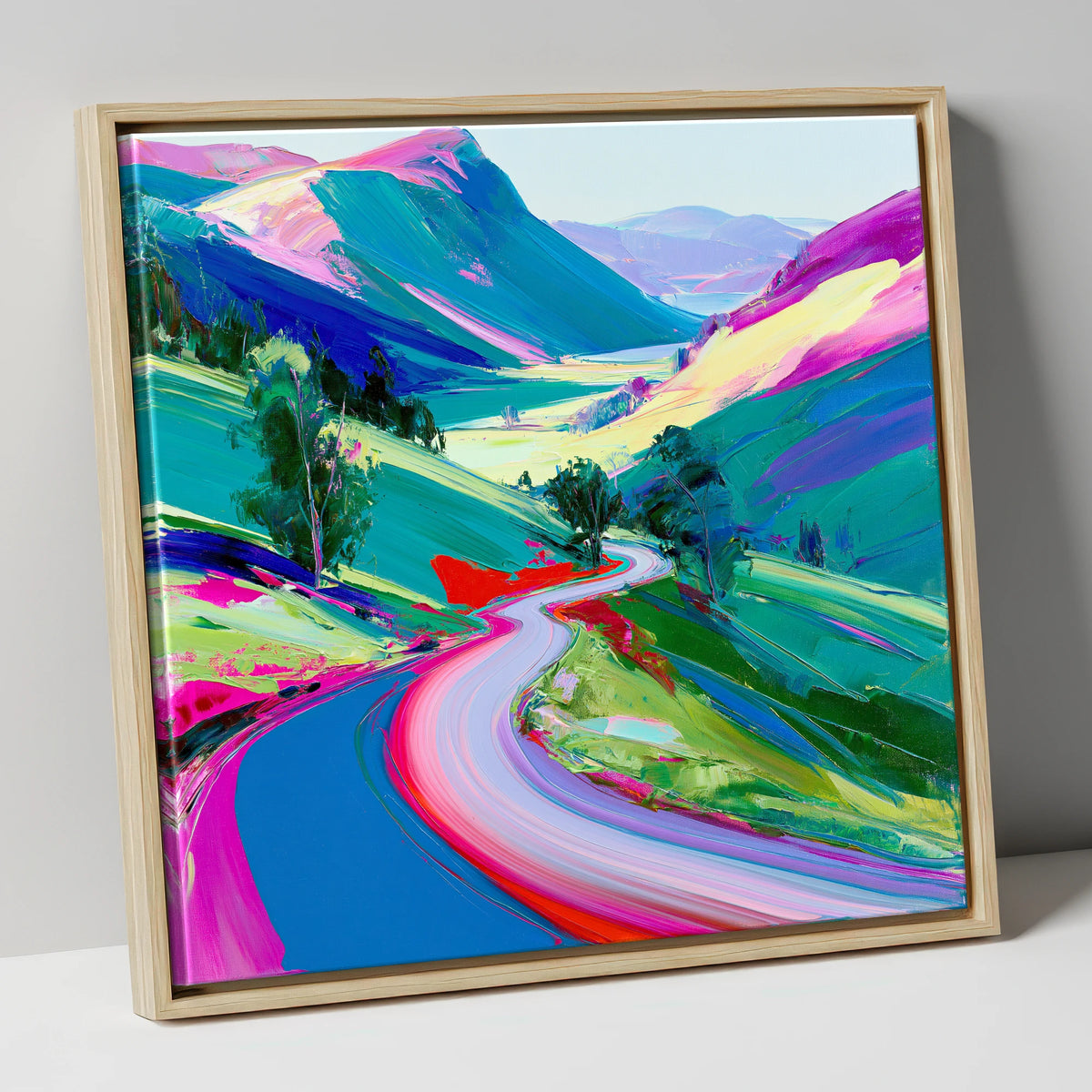 Vivid Winding Mountain Pass lake district valley canvas wall art in natural frame