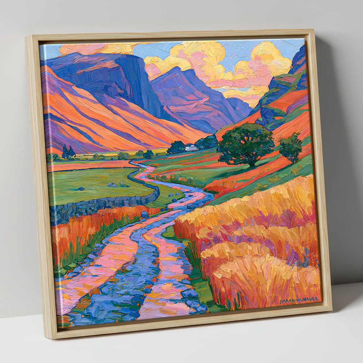 Sunlit Fell Side and Winding Beck lake district valley canvas wall art in natural frame