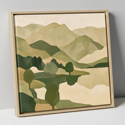 Earthy Fells and Lake Reflections lake district lake canvas wall art in natural frame