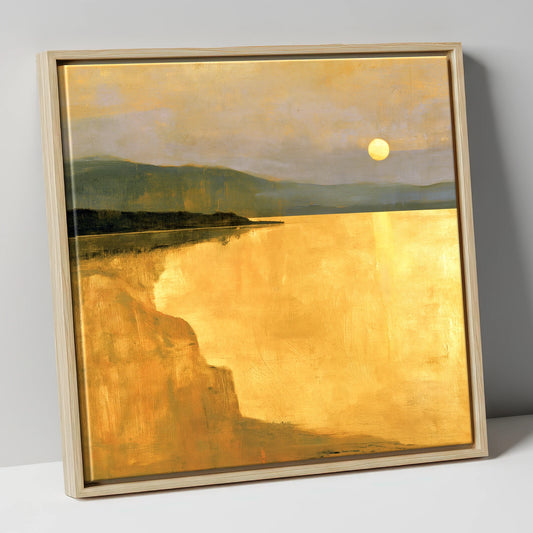 Lake Sunset in Luminous Ochre lake district lake canvas wall art in natural frame