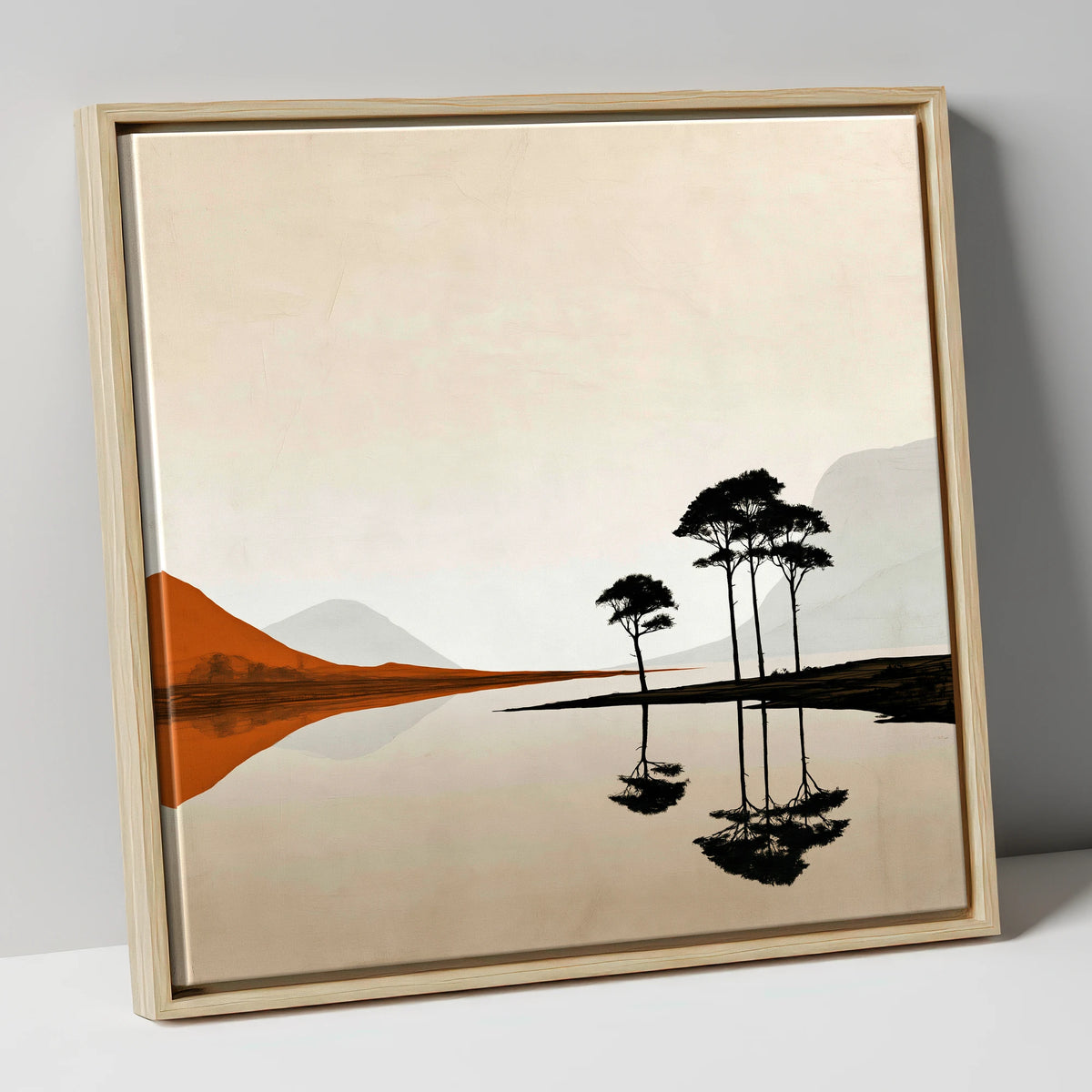Dawn Lake with Silhouetted Pines lake district lake canvas wall art in natural frame