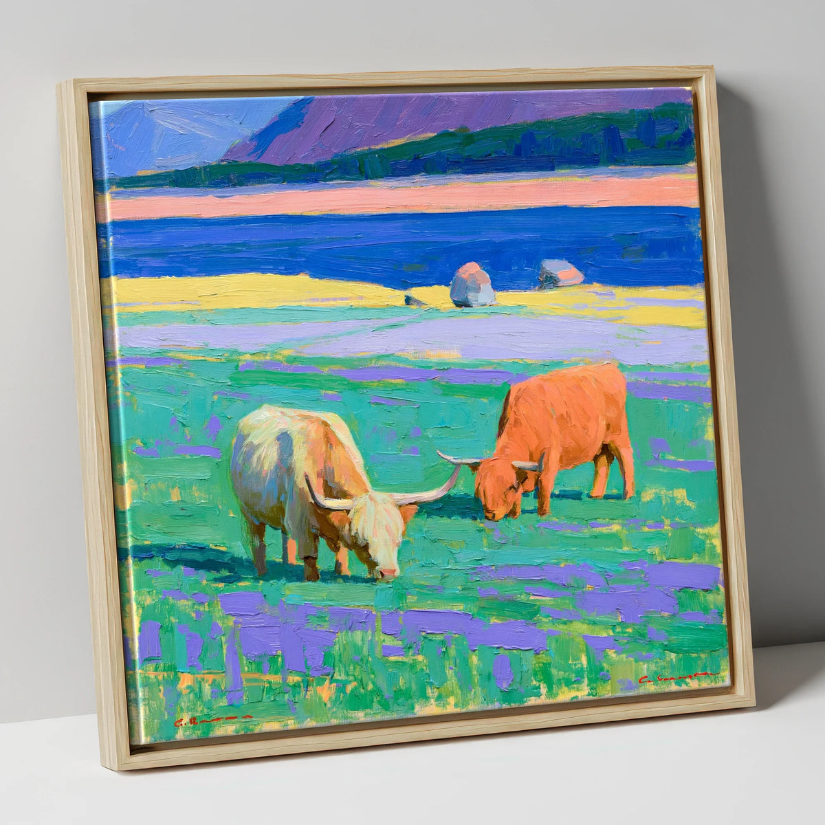 Vibrant Highland Cattle Pasture lake district wildlife canvas wall art in natural frame