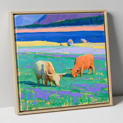 Vibrant Highland Cattle Pasture lake district wildlife canvas wall art in natural frame