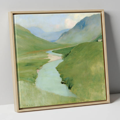 Winding River in Pastel Fells lake district waterfall canvas wall art in natural frame