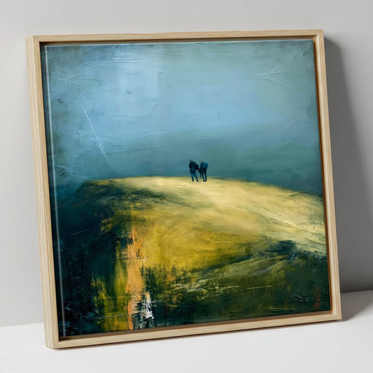 Hikers on a Golden Fell Top lake district fell canvas wall art in natural frame