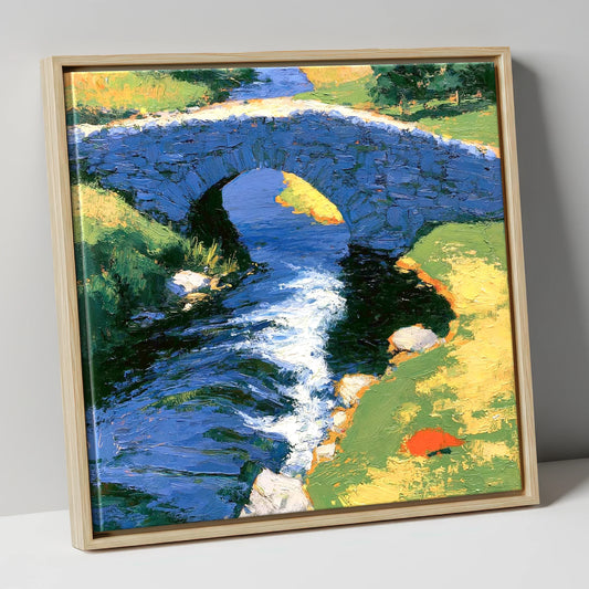 Sunlit Stone Bridge and Beck lake district waterfall canvas wall art in natural frame