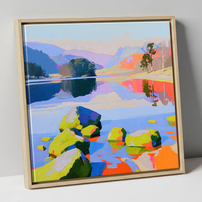 Colourful Rydal Water Boulders lake district lake canvas wall art in natural frame