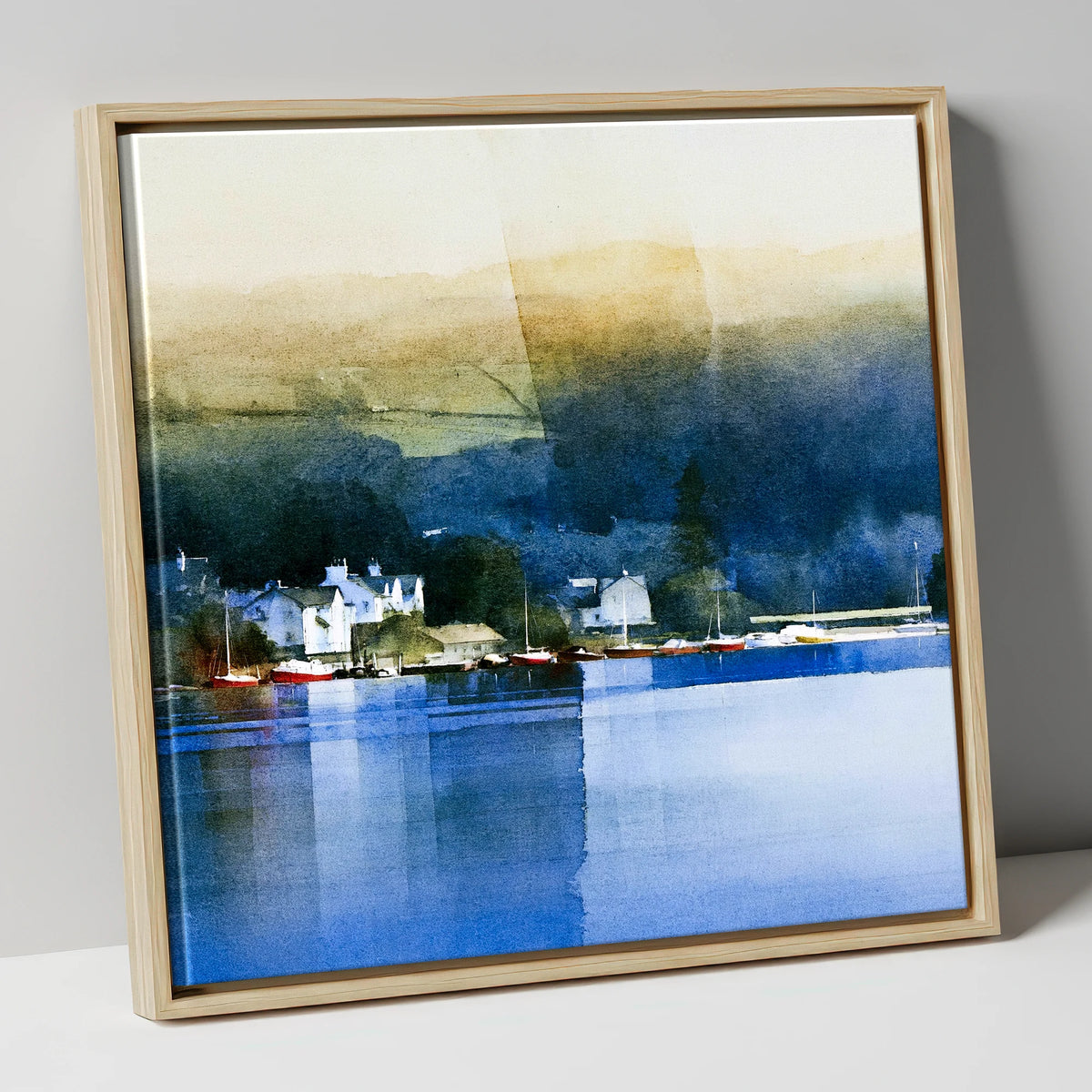 Bowness Bay in Deep Indigo lake district village canvas wall art in natural frame