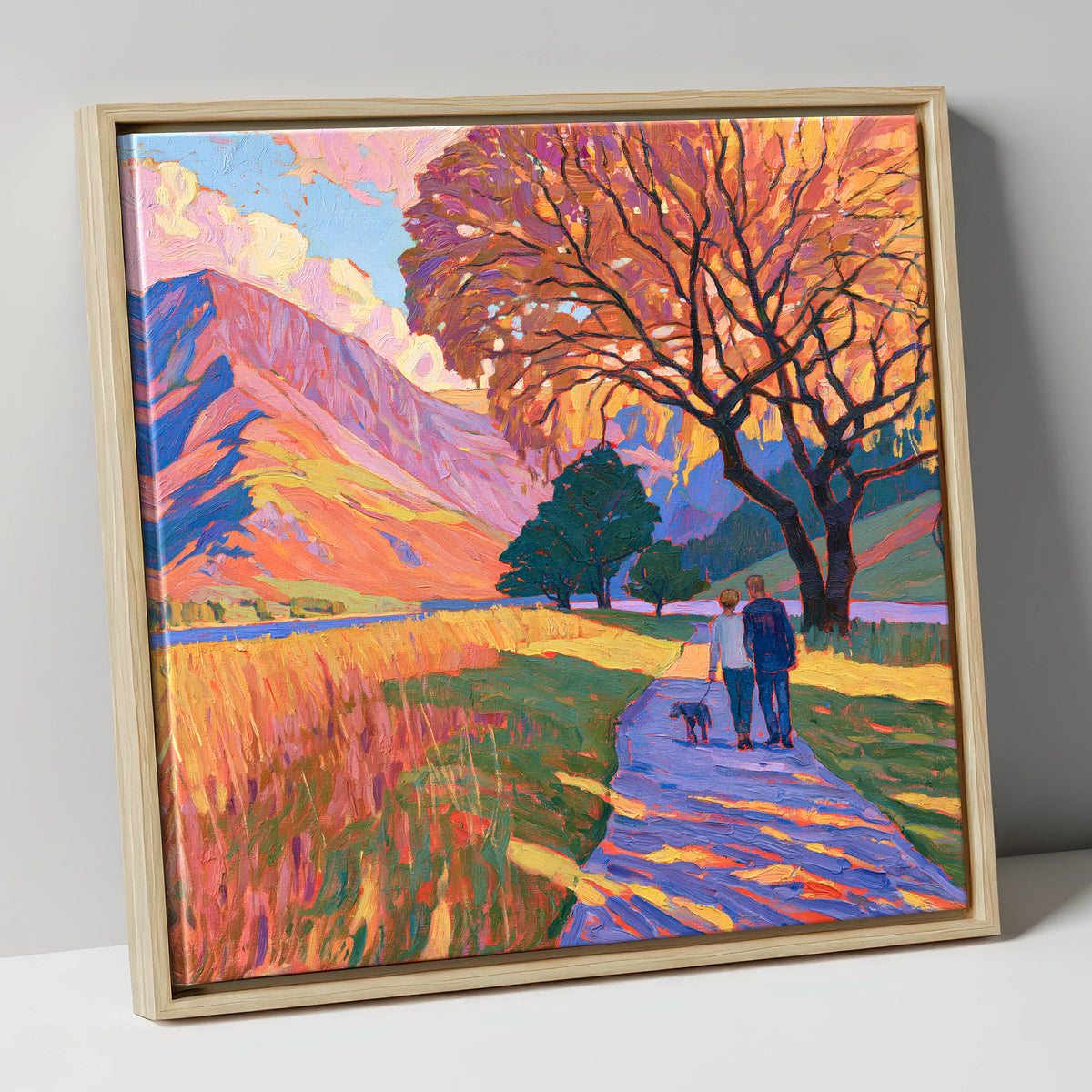 Autumn Dog Walk at Buttermere gifts for dog walkers canvas wall art in natural frame