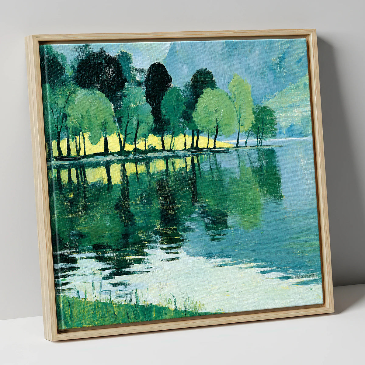 Still Lake Reflections at Dawn lake district lake canvas wall art in natural frame