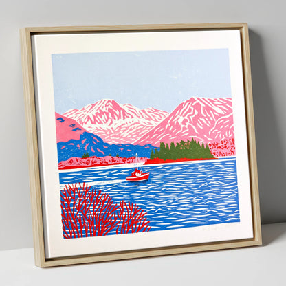 Derwentwater Boat and Pink Fells lake district lake canvas wall art in natural frame